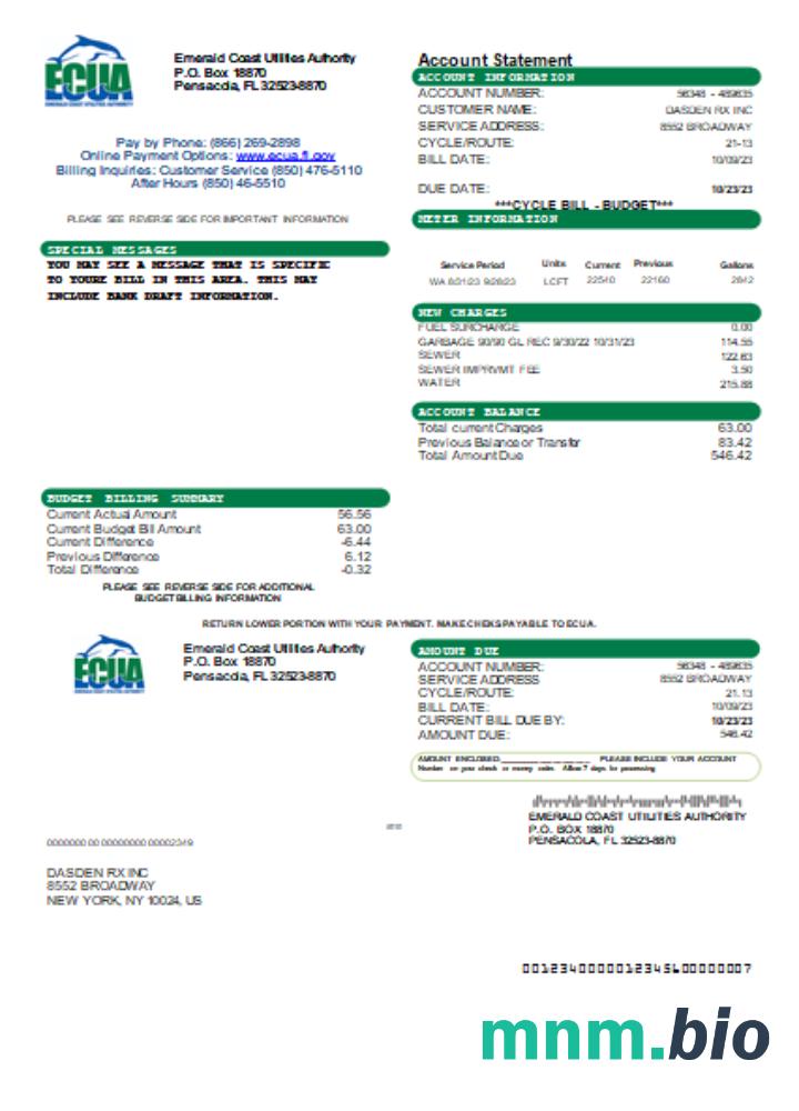 Emerald Coast Utilities Authority (ECUA) rachunek za usługi komunalne